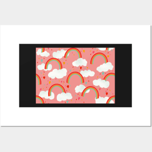 Clouds, rainbows and love hearts on a rose pink background Posters and Art